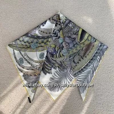 Feather Print ~18 Momme~ Twill Silk Wrap Scarf Double Face Shawl 35  Yellow/Gray • $46.99