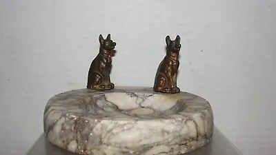 Vintage Marble Base Ashtray W/ 2 Brass German Shepherd? Dog Figurines • $12.99