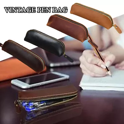 Leather Zipper Vintage Pen Bag Pencil Case School Supplies Cosmetic Brush Pouch  • £4.25