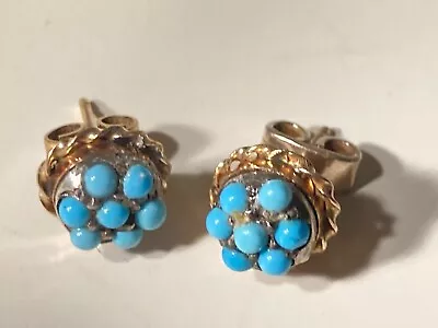 Vintage 9k Gold Geniune Turquoise Cluster Flower Earrings Studs • $199