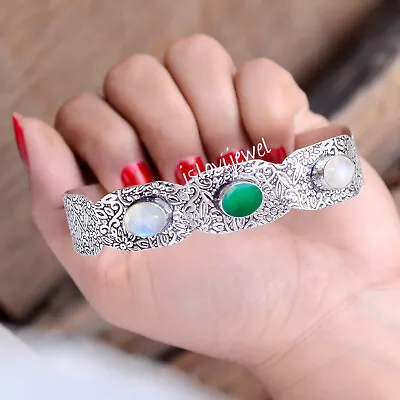 Moonstone & Green Onyx Gemstone 925 Sterling Silver Women Bangle Bracelet/O1799 • $22.38