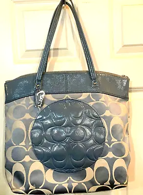 COACH Laura F18335 Patent Leather Trim Handbag Blue Fabric Signature C 14 X16  • $44.99