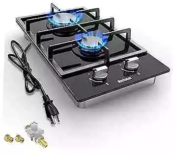  Tempered Glass Gas Cooktop 12 In Gas Stove Top Gas Cooktop 2 Burners Black • $162.52