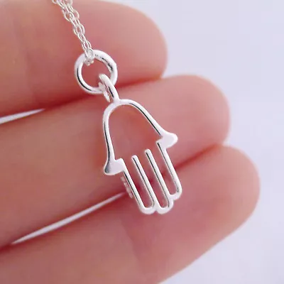 Sterling Silver Shiny Simple Hollow-out Hamsa Hand Of Fatima Pendant Charm • £8.06