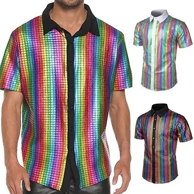 Retro 70s Disco Style Men's Sequined Short Sleeve Blouse Button Down Shirt • £17