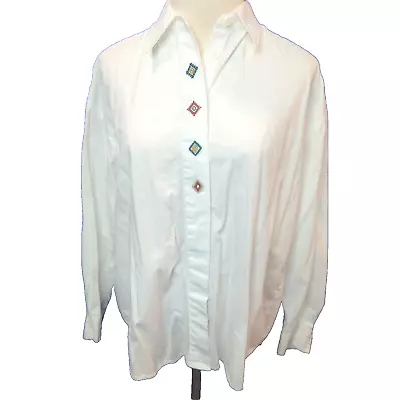 Women's Lee Petite Medium Button Up Western Shirt White Embroidered VTG  21.18.7 • $15.99