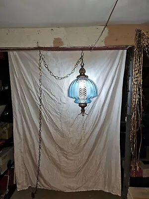 Vintage Blue Swag Lamp Hanging Retro Hollywood Regency Antique Light • $374.99