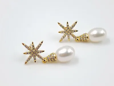 White Fresh Water Pearl Earrings 9ct Gold Plated Loupe Clean Crystal Christmas • £35