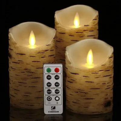 $30 • Buy Birch Bark Battery Flickering Candles Real Wax Pillar With Remote Timer