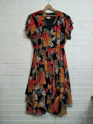 £45 • Buy Vintage Simon Ellis Dress Size 18 Black Orange Floral Fit & Flare