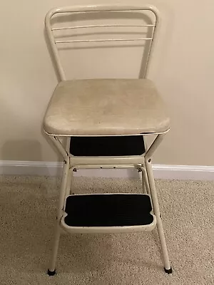 Vintage Cosco Step Stool Flip Chair White Vinyl Seat Cosco 32  Height Step Stool • $99