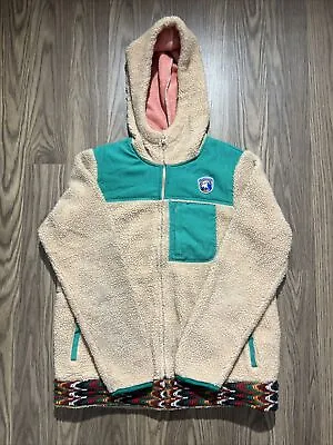 Vtg TITICACA NAVAJO AZTEC Sherpa Fleece Zip Up Hoodie Beige And Green • £28.93