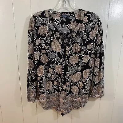 Lucky Brand Black Floral V Neck 3/4 Sleeve Buttons Knit Casual T Shirt Top M • $18.99