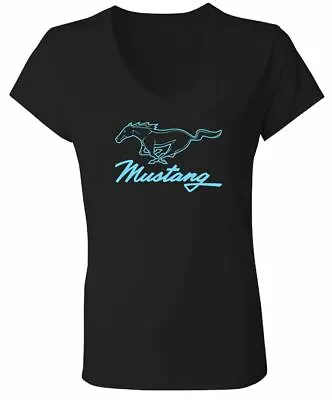 Ladies Black V-Neck Baby Blue Running Horse Mustang T-Shirt * Free Ship To USA! • $33.72