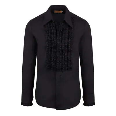 Chenaski Black Ruffle Ruche Frill Dinner Tuxedo Retro 70s Shirt • $58.38