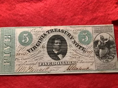 1862 Virginia Treasury $5 Dollars Note Cr.13 ~ Very Choice Obsolete Currency • $60