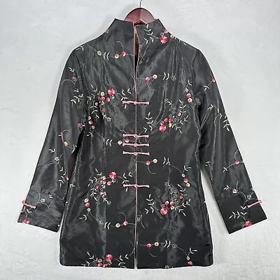 Vintage Laogudai Jacket Womens XL Black Tunic Floral Embroidered Asian Toggle • $24