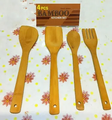 £2.99 • Buy New Bamboo Wooden Kitchen Cooking Slotted Spoon Turner Utensil Set ( 4 Pcs )