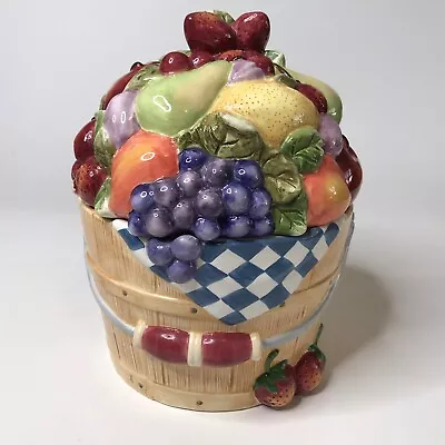 VINTAGE Susan Winget Ceramic Fruit Bushel Bucket Cookie Jar Country Kitchen • $35