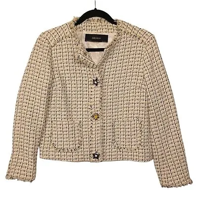 $29.69 • Buy ZARA BASIC Yellow Blue Cream Tweed Colorful Beaded Button Front Blazer Jacket M