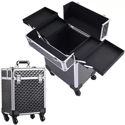 Rolling Makeup Train Case Large Cosmetic Trolley Organized Aluminum Barber Ca... • $83.52
