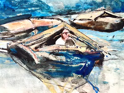 1982 Vintage Wood Boat Painting Art Blue Harbor Marina Fishing Mooring Retro MCM • $119.20