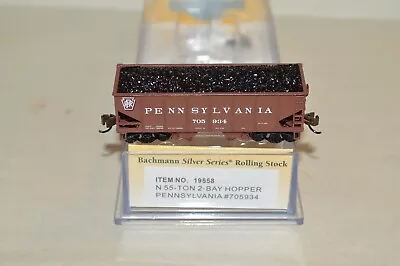 N Scale Bachamnn Silver Series Pennsylvania RR 55t 2 Bay Coal Hopper Car Train • $3