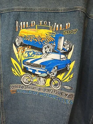 Most Wanted Mens XL Mild To Wild Hot Rods & Harleys Denim Motorcycle Jean Jacket • $12.99