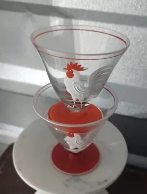 Vtg. French Art Deco ?Hand-Painted Rooster Cocktail Glasses Set Of 2 -1 W/ Chip • $35