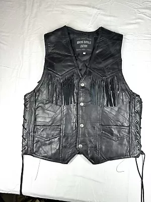 Navarre Leather Co Buffalo Leather Italian Stone Design Men's Fringe Biker Vest • $22