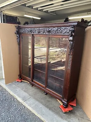 Figural Mahogany Carved Triple Door Bookcase Attr. R. J. Horner • $8750