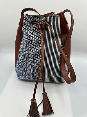 J Jill Blue Fabric Patchwork Brown Leather Tassel Drawstring Bucket Hobo Handbag • $24.99