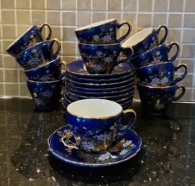 Vintage  Japan Porcelain Cobalt  Blue  Gold Peacock Pattern Coffee /Tea Set X 11 • £30