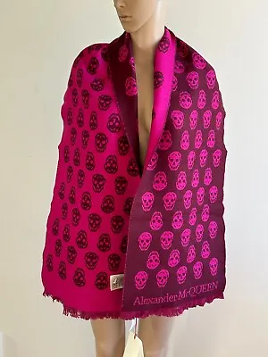 NWT Alexander McQueen Reversible Skull Wool Scarf Bordeaux /Pink Made In Italy • $210