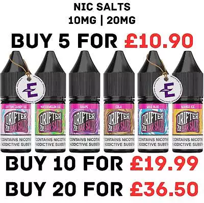 Drifter Vape E Liquid 10ml Nic Salt 10mg 20mg Shot Bar Juice Ecig VG50/50PG BULK • £2.94