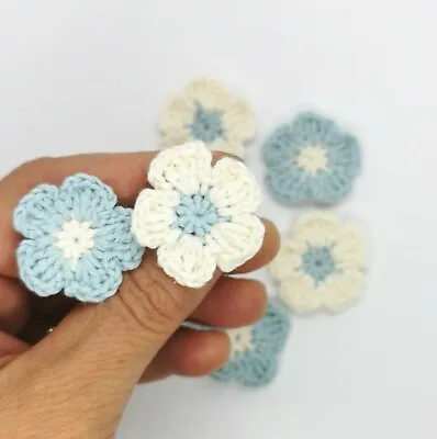 £5.50 • Buy Handmade Flowers , Crocheted Ice Blue & Cream Flowers Sewing Applique, Wedding 