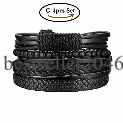 4-24pcs Men Women PU Leather Bracelet Infinity Beaded Braided Cuff Wristband Set • $8.99