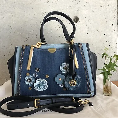 Coach Tea Rose Applique Dreamer Denim Leather Blue Navy Bag Flower EUC 53741 EUC • $439.99