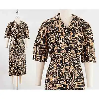 Vintage 80s Abstract Hawaiian Tiki Cotton Belted Midi Shirt Dress With Belt XS S • $72