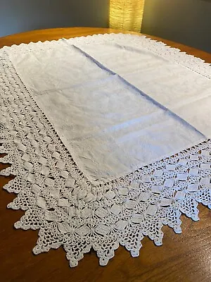 Hand Made White  Patterned Fabric & Exceptional Lace Edged Tablecloth  42  X 35  • £65