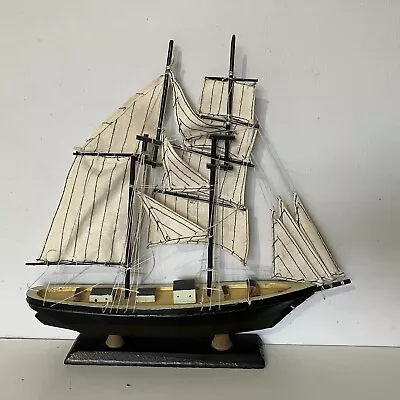 Handmade Wood Boat Ornament Schooner Yacht Wooden Figurine Nautical Model Vtg • £12.60