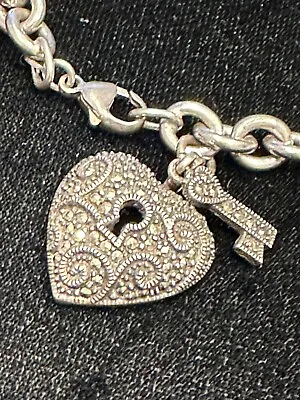 JUDITH JACK Vintage MARCASITE Sterling Silver Heart & Key Charm BRACELET 7.25” • $60