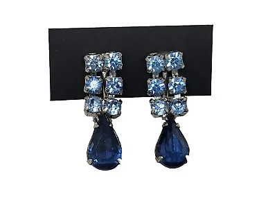 Light Blue & Sapphire Blue Rhinestone Dangle Teardrop Screw-back Earrings VTG • $12.99