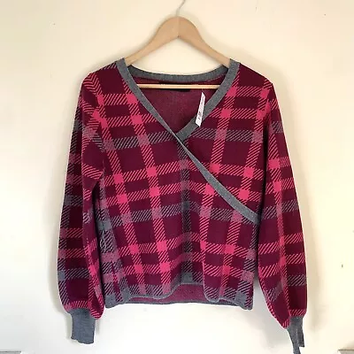 New York & Co. Soft Pullover Plaid Balloon Sleeve Crossover Sweater Pink S NEW • $19