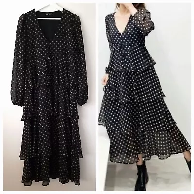 Zara Black Tiered Spot Polka Dot Midi Dress Size M Medium 10 12 • £29.99