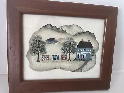 American Folk Art Landscape Quilt Shop Painting Signed 1991 Wood Framed 10.5x12” • $44.95