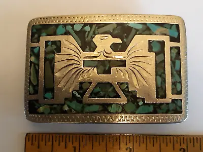 Vintage Native Am Thunderbird Eagle Nickel Silver Inlaid Turquoise Belt Buckle • $19.99