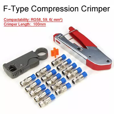 F-Type Compression Crimper Rotary Coaxial Cable Cutter Hand Tool + 15 Connectors • £25.91