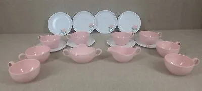 Pink Melamine 8 Coffee Cup Saucers Creamer Sugar Vtg Melmac MCM Desert Rose Lot • $29.95