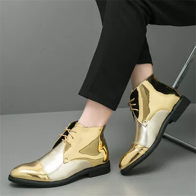 Mens Patent Leather Ankle Boots Lace Up High Top Pointed Toe MaleChelsea Shoes • $52.21